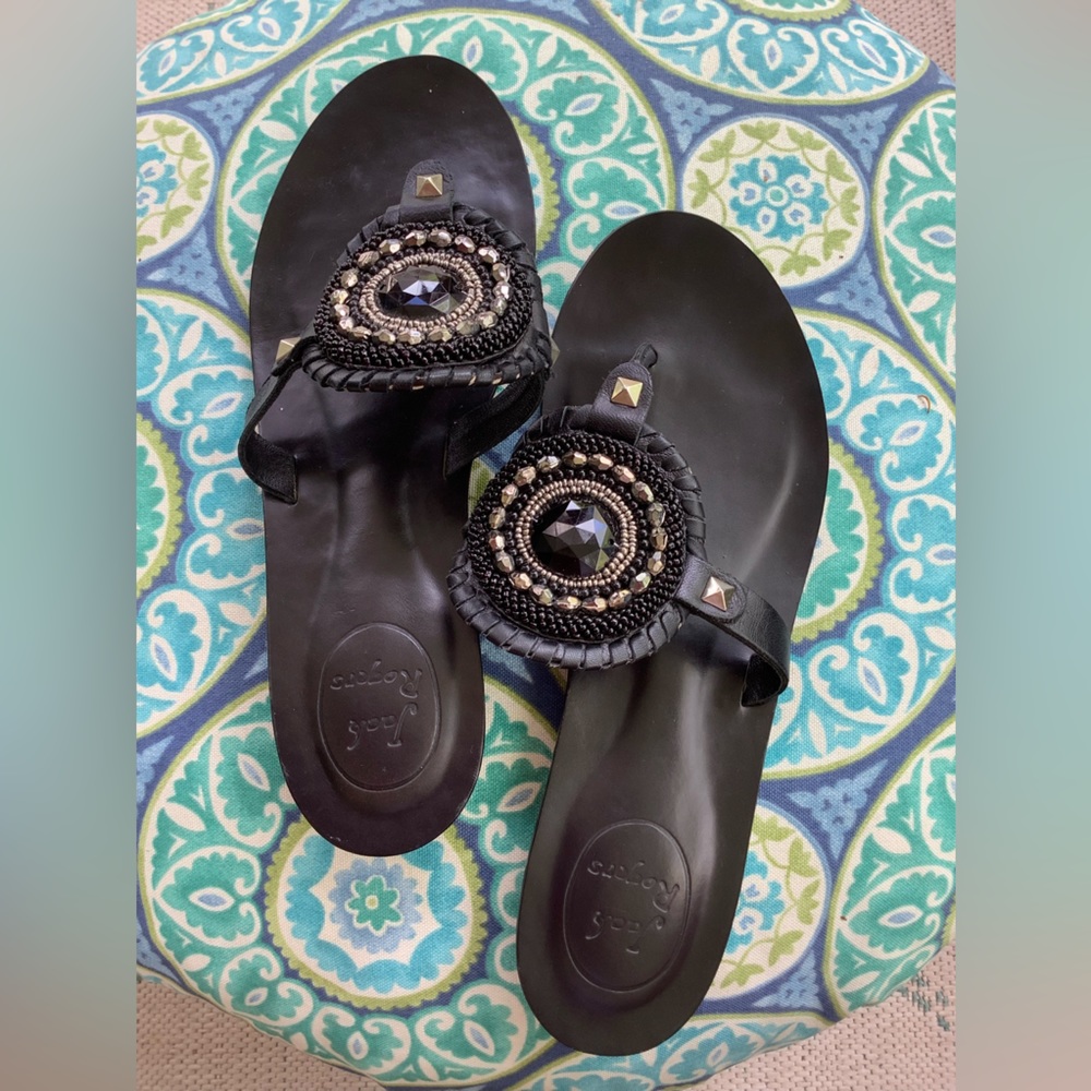 Jack Rogers Gisele black leather beaded medallion sandals